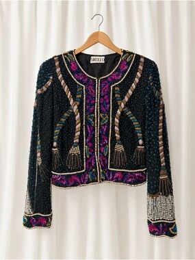 Vintage 80s SweeLo Silk Beaded Sequin Cropped Jacket Tassel Embellished Size S